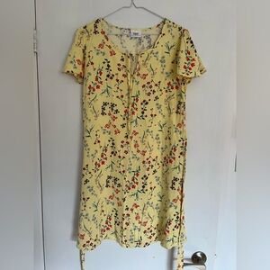 Yellow Floral Midi Dress with Red and Black Accents